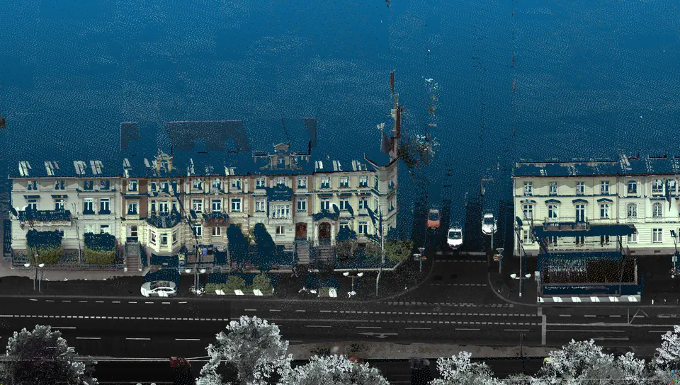Colorized input — A second street scene: predicted building instances around a road junction.