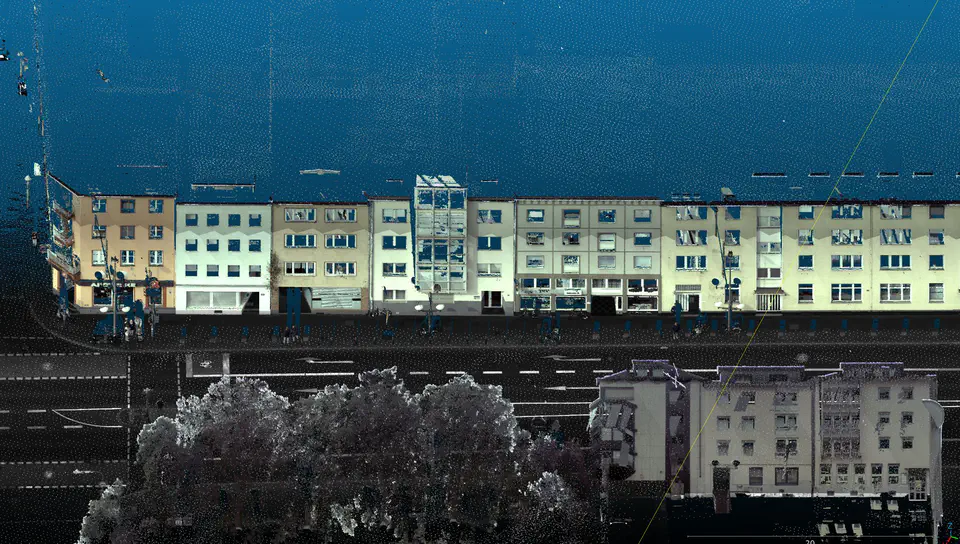 Colorized input — Street-front buildings: colorized LiDAR input and the predicted façade instances.