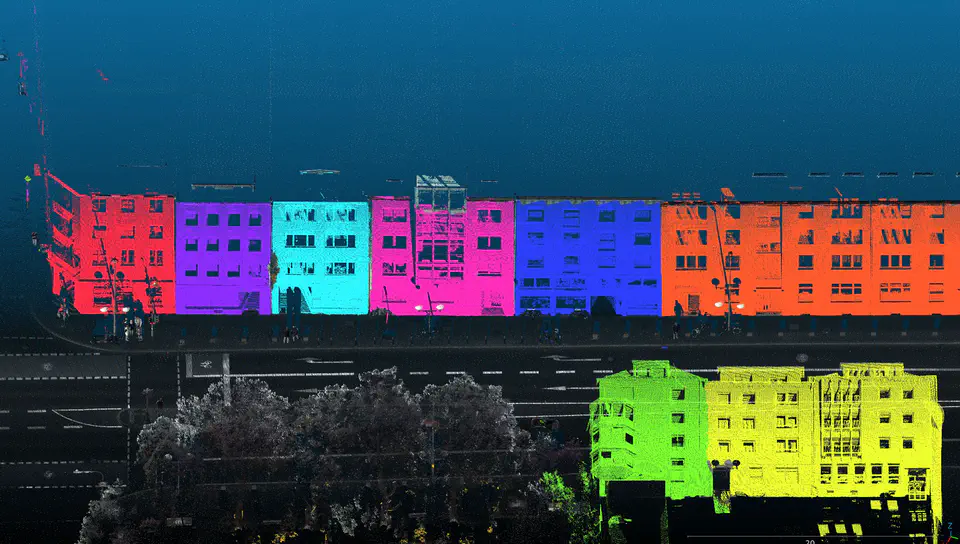Predicted instances — Street-front buildings: colorized LiDAR input and the predicted façade instances.